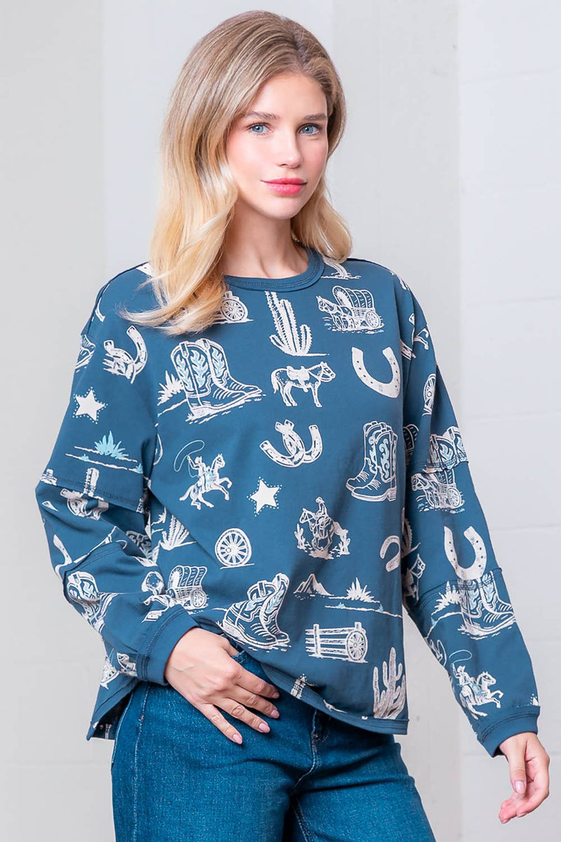 WESTERN PRINTED ROUND NECK LONG SLEEVE TOP: Navy