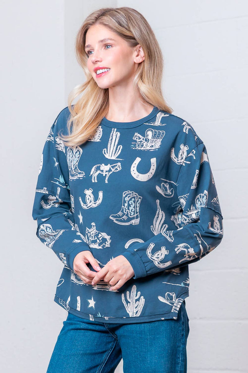 WESTERN PRINTED ROUND NECK LONG SLEEVE TOP: Navy