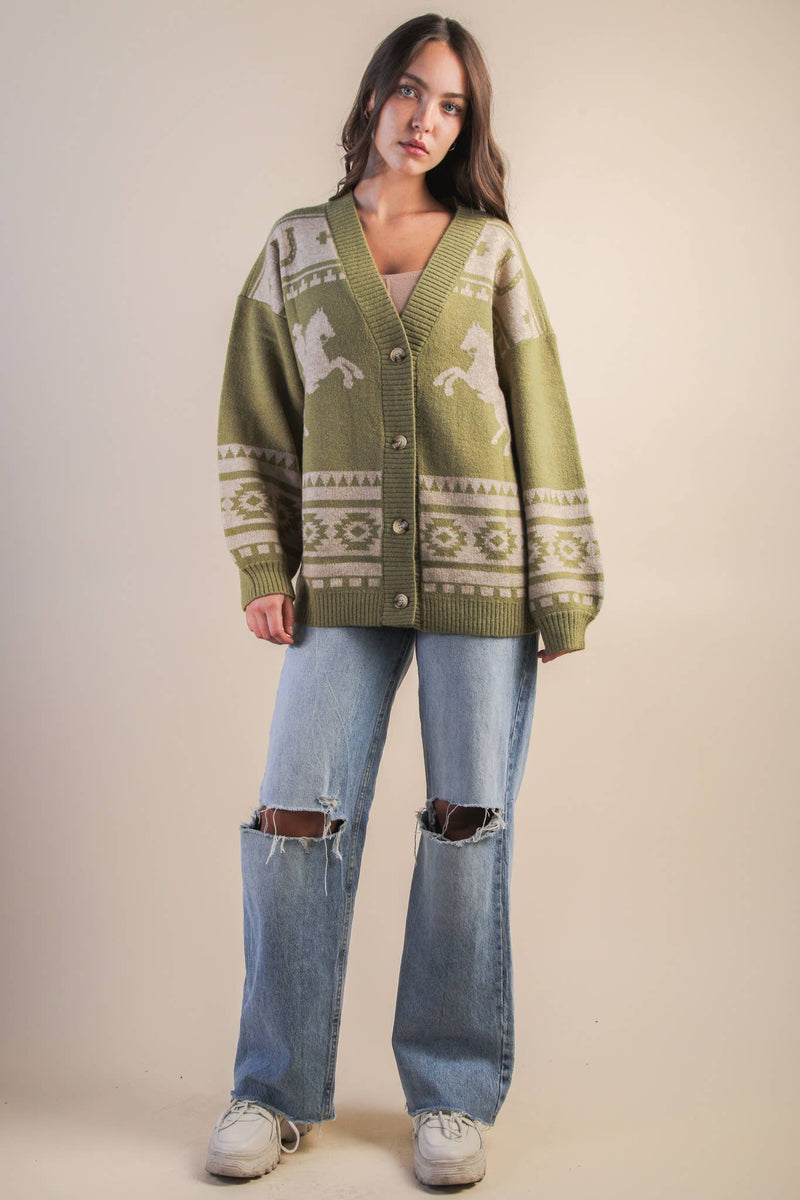 Oversized Western graphic Knit Sweater Cadigan