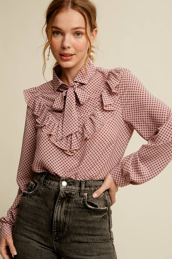 Ruffle Tie-Neck Printed Blouse