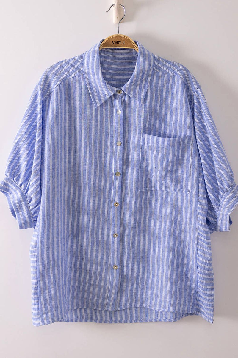 NT12505-Stripe Half Puff Sleeve Shirt Top: BLUE / S-M-L/2-2-2
