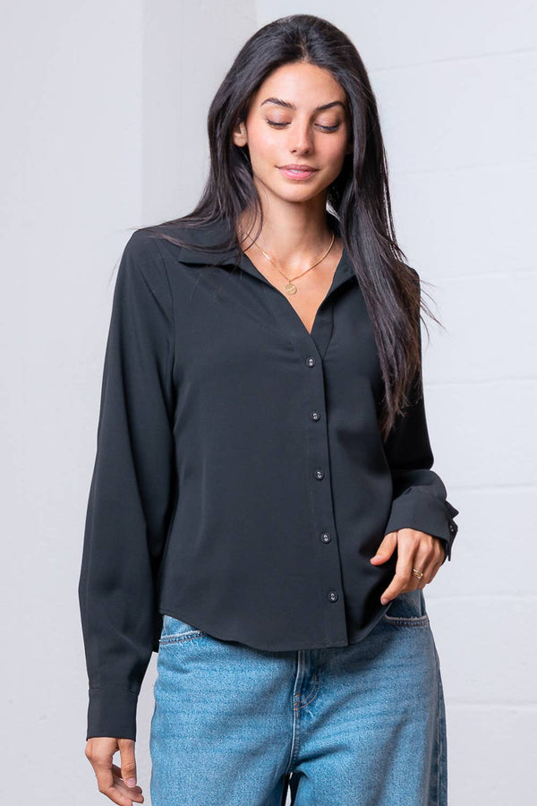 LONG SLEEVE BUTTON DOWN V-NECK SOLID SHIRT