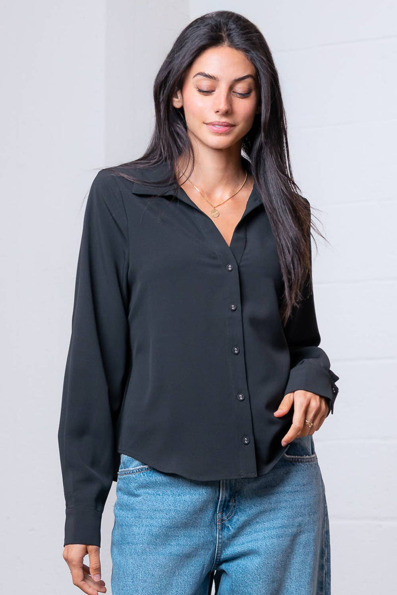 LONG SLEEVE BUTTON DOWN V-NECK SOLID SHIRT