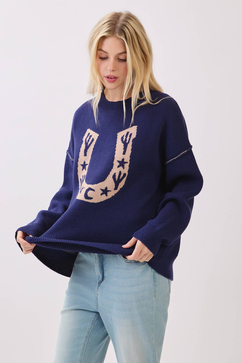 Western Horseshoe Cactus Knit Sweater