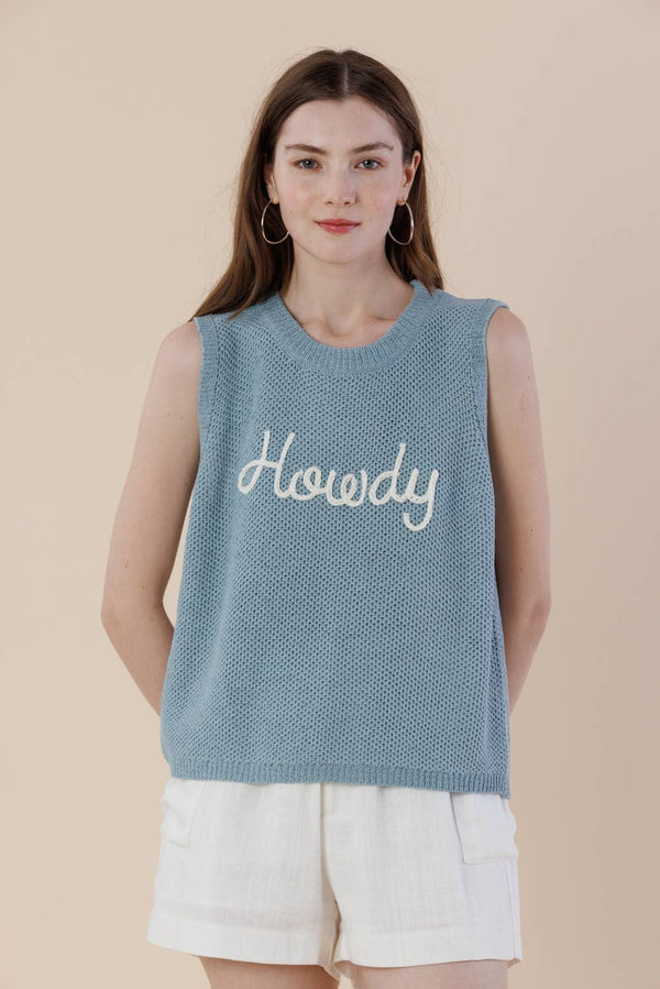 Howdy Embroidery Sweater Tank – Western Sleeveless Vest: LT. BLUE