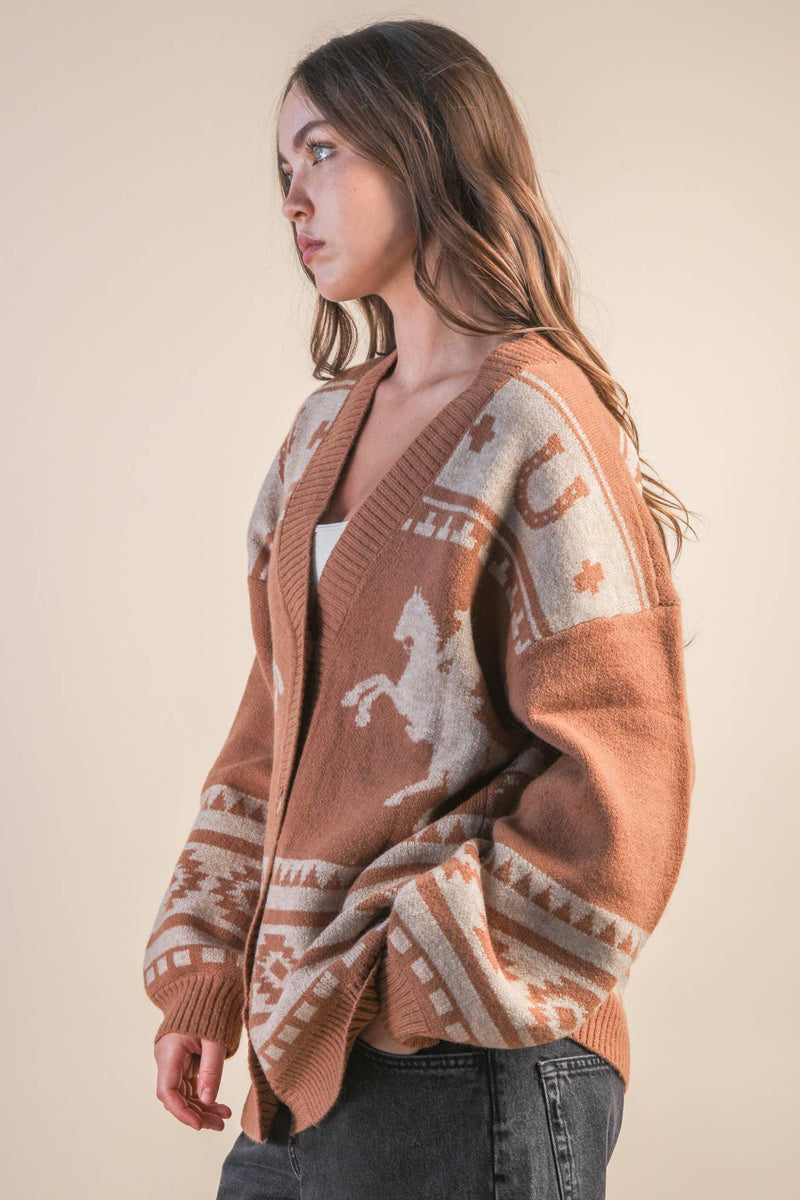 Oversized Western graphic Knit Sweater Cadigan: CAMEL