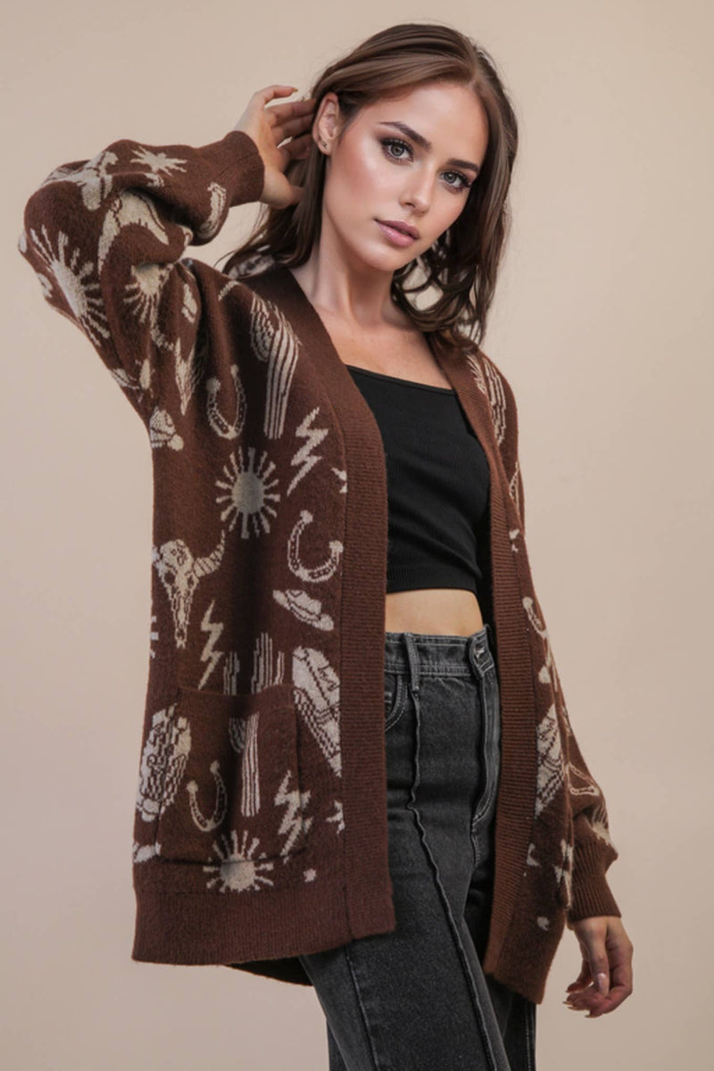 Oversized Western Graphic Knit Sweater Cardigan: CHOCOLATE