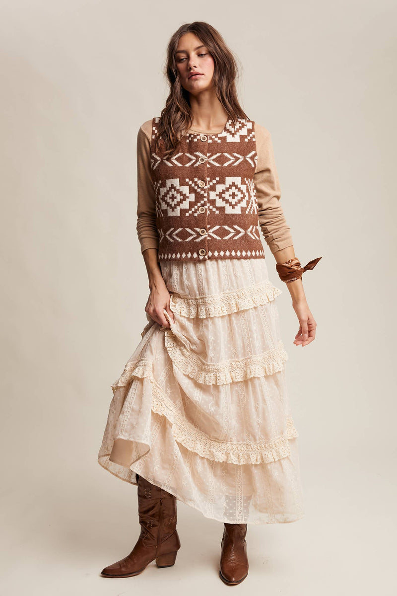 Brown Southwestern Button-Up Wool Vest