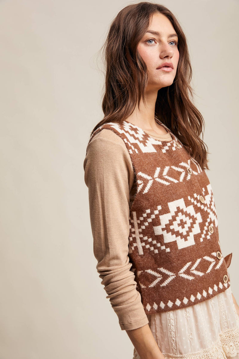 Brown Southwestern Button-Up Wool Vest
