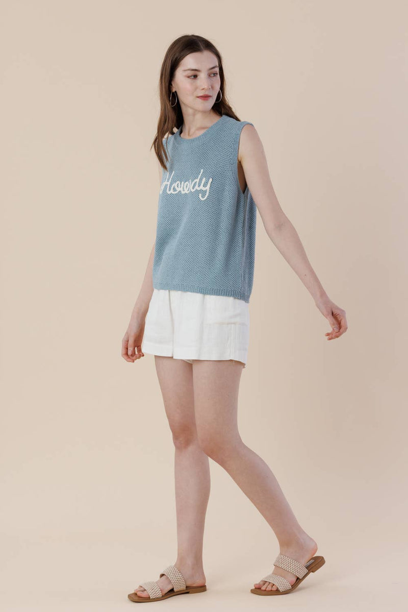 Howdy Embroidery Sweater Tank – Western Sleeveless Vest: LT. BLUE