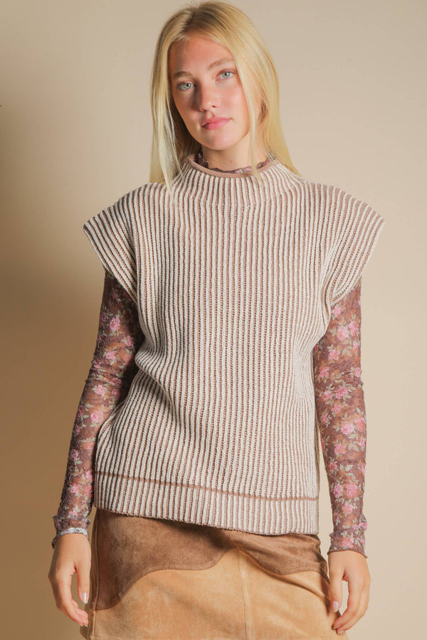 Two Tone Ribbed Knit Sweater Vest in MOCHA