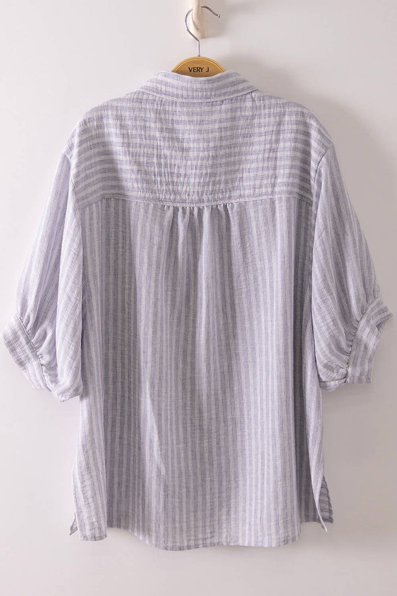 NT12505-Stripe Half Puff Sleeve Shirt Top: BLUE / S-M-L/2-2-2
