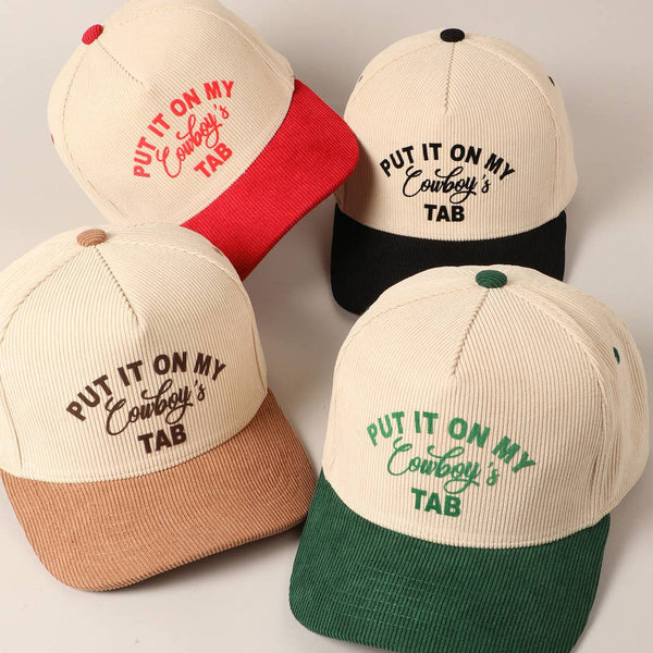 Put It On My Cowboy's Tab Two-Tone Corduroy Cap: Black / ONE SIZE