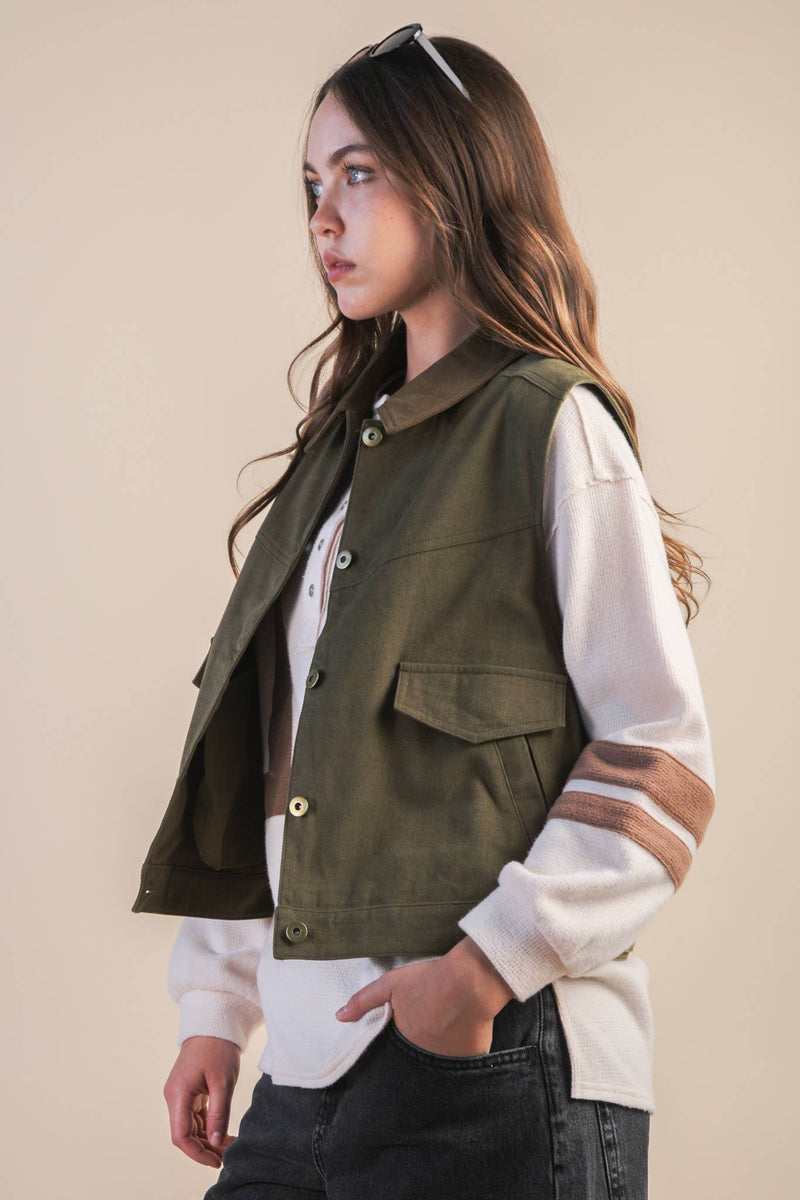 Washed Cotton Button Down Casual Vest: OLIVE