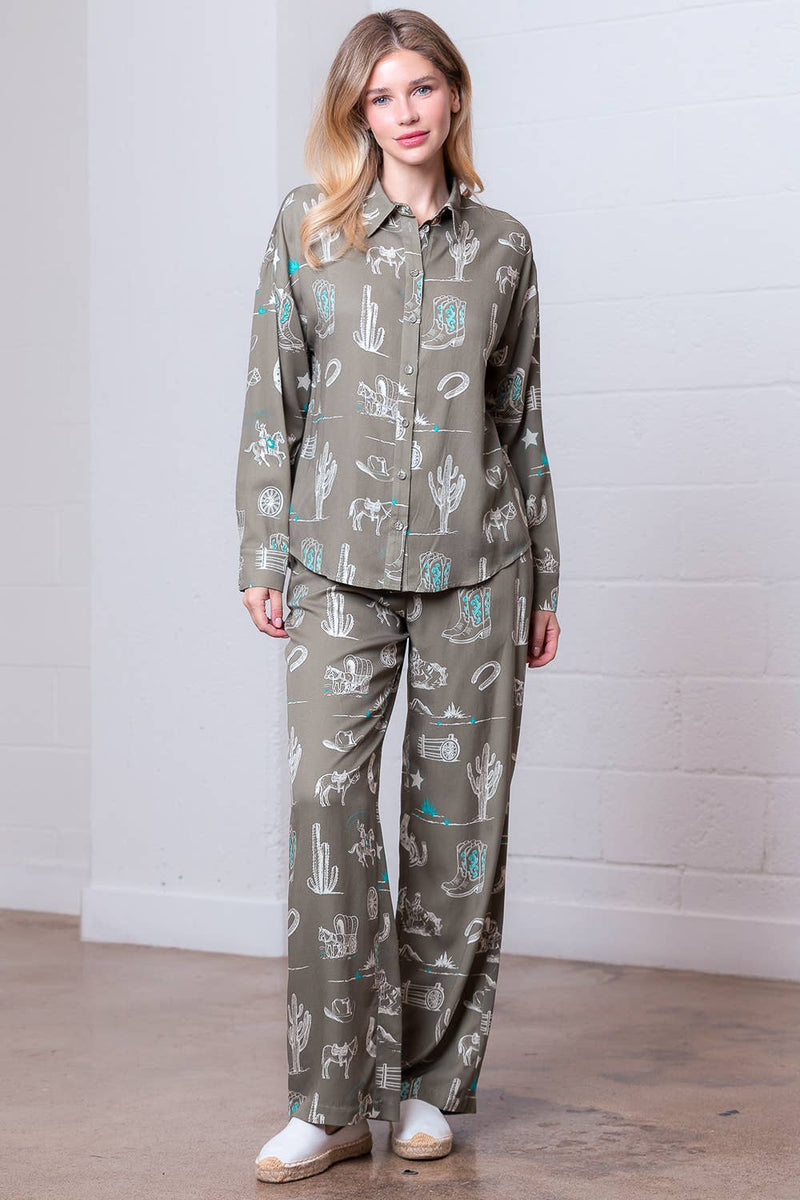 PRINTED L/S W/ COLLAR BUTTON DOWN OVERSIZED SHIRT