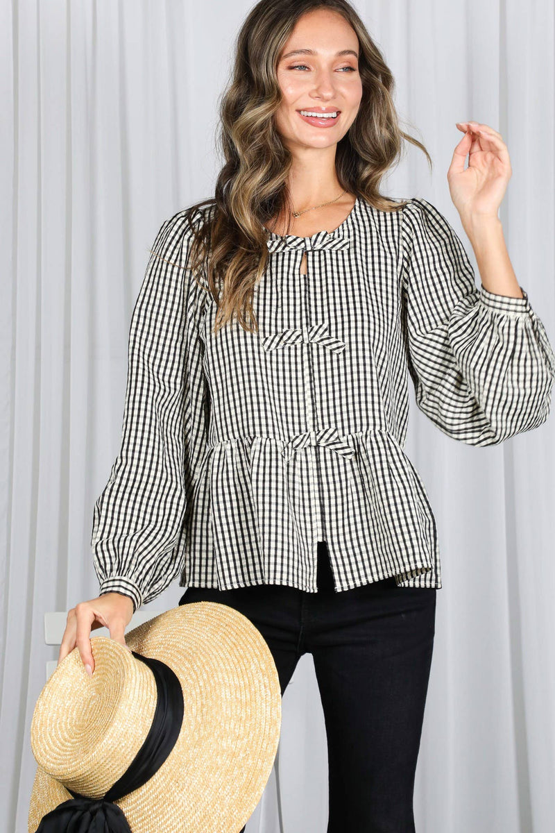 Feminine Bow Accent Charming Plaid Blouse VT83034B: Red / S