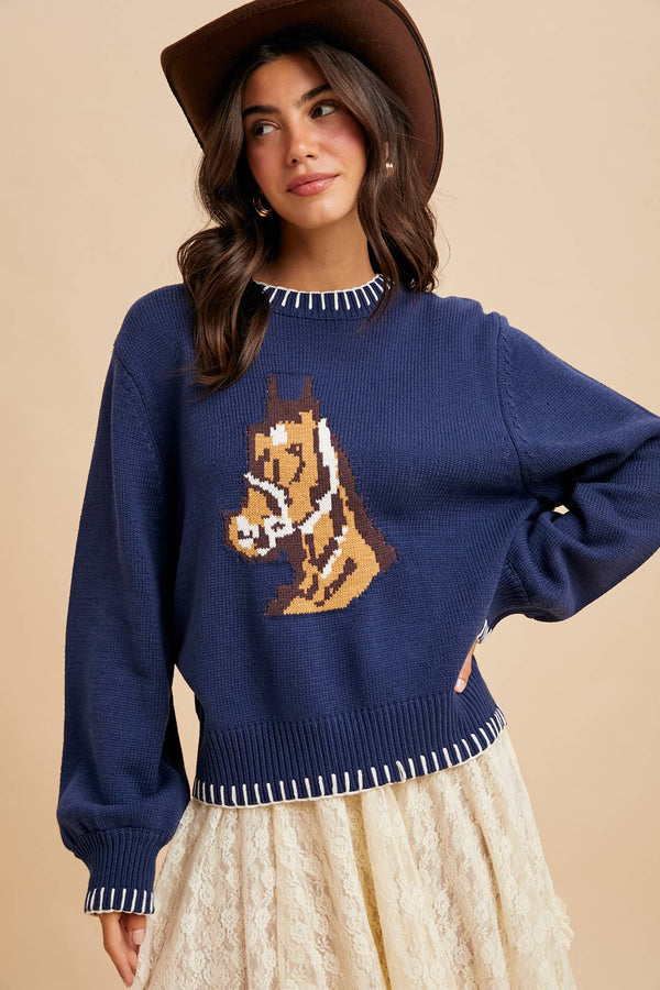 HORSE MOTIF KNITTED SWEATER: NAVY