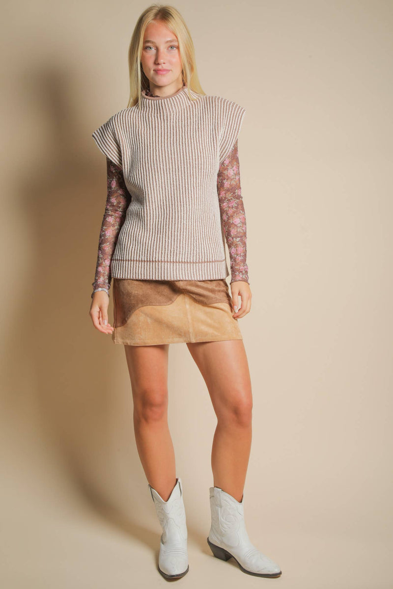 Two Tone Ribbed Knit Sweater Vest in MOCHA