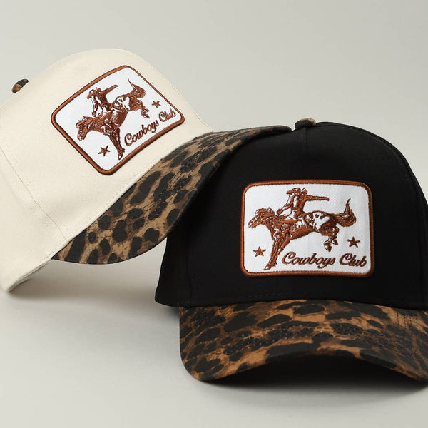 Cowboys Club Embroidered Patch Leopard Brim Trucker Hat: BEIGE / ONE SIZE