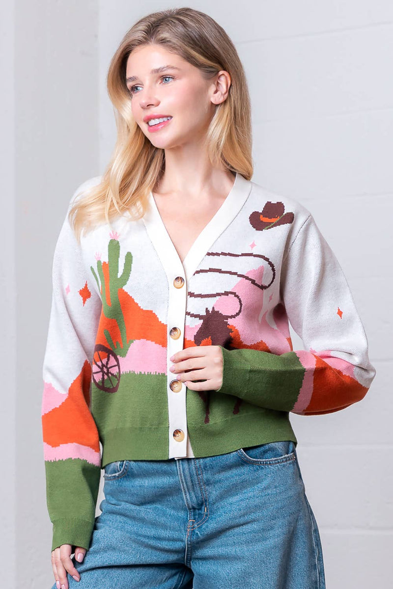 V-NECK BUTTON DOWN WESTERN SWEATER CARDIGAN