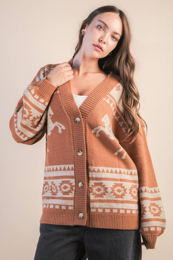 Oversized Western graphic Knit Sweater Cadigan: CAMEL