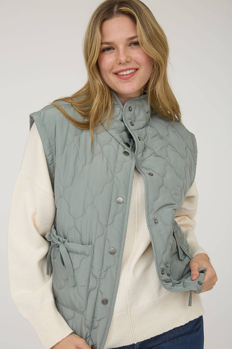 TIE DETAIL SNAP BUTTON DOWN QUILTED PUFFER VEST: DUSTY SAGE