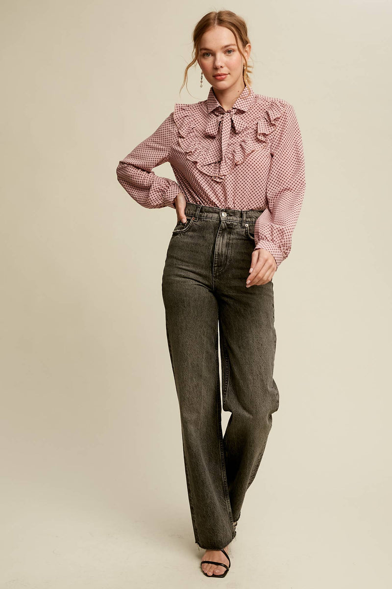 Ruffle Tie-Neck Printed Blouse