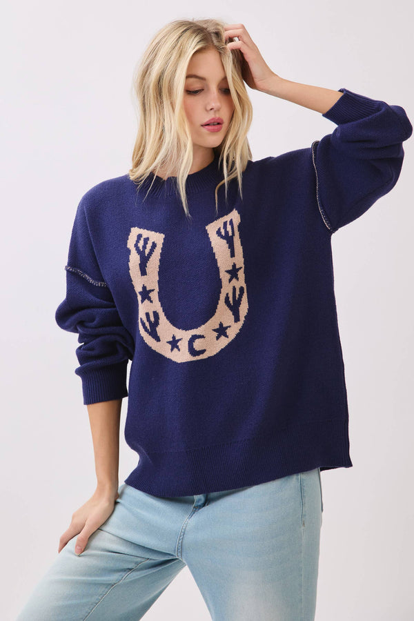 Western Horseshoe Cactus Knit Sweater
