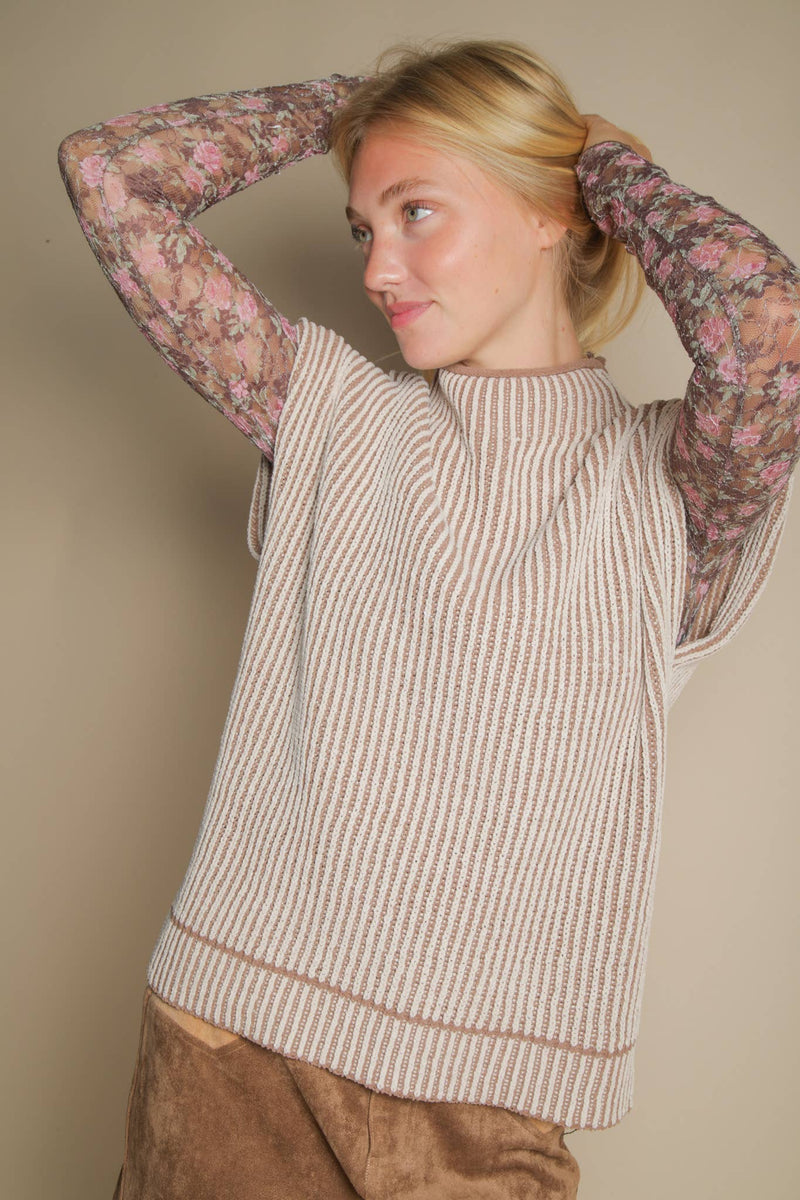 Two Tone Ribbed Knit Sweater Vest in MOCHA