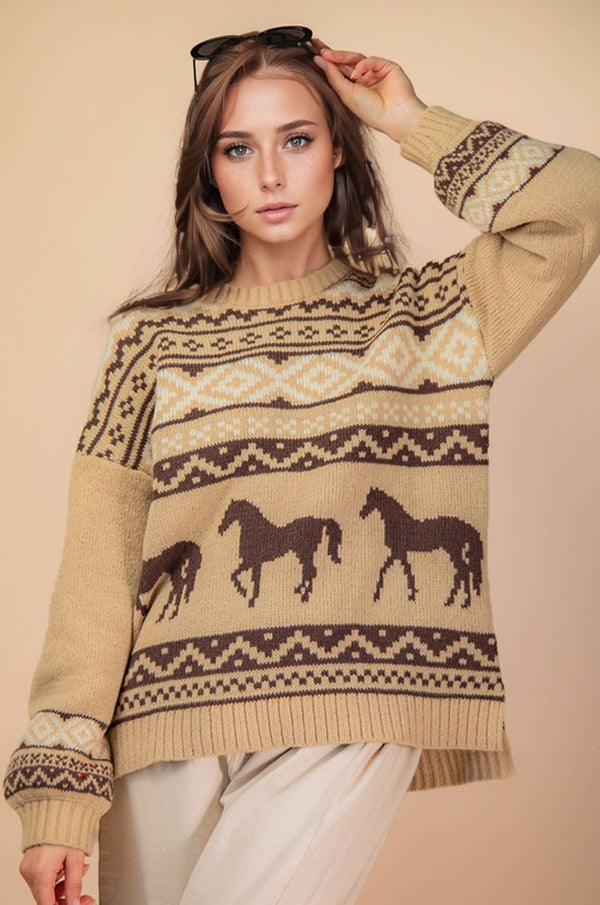 Western Graphic Oversized Knit Sweater Top