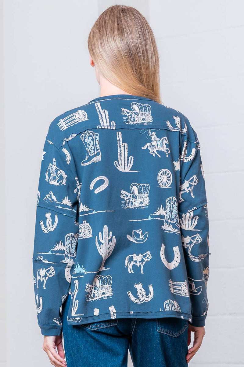 WESTERN PRINTED ROUND NECK LONG SLEEVE TOP: Navy