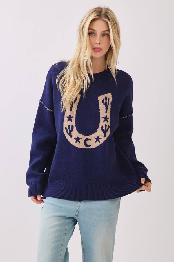 Western Horseshoe Cactus Knit Sweater