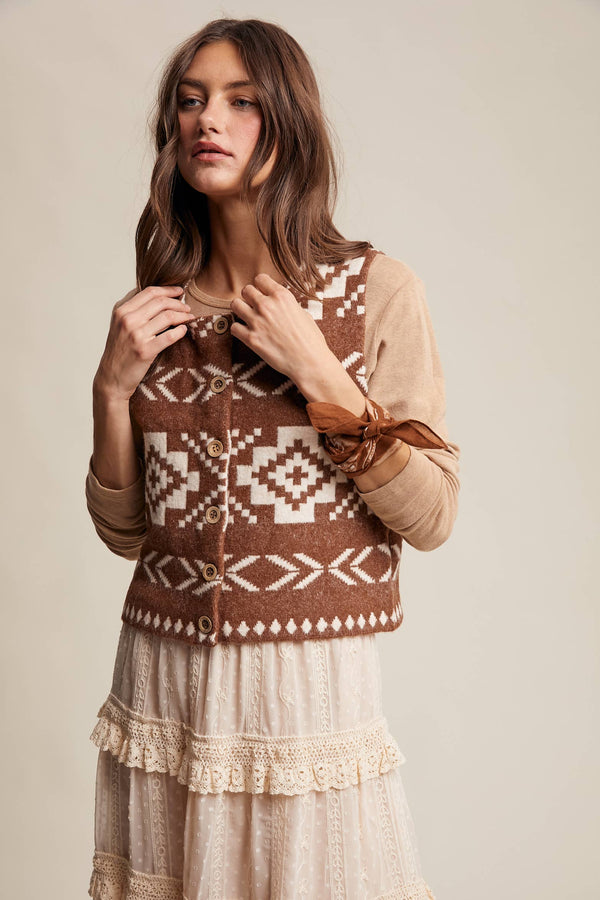 Brown Southwestern Button-Up Wool Vest