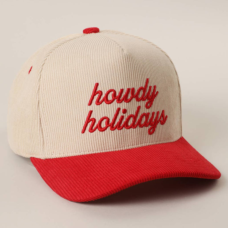 Howdy Holidays 3D Text Embroidery Corduroy Hat: RED / One Size
