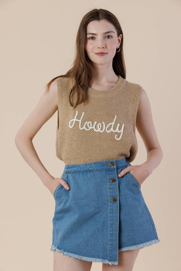 Howdy Embroidery Sweater Tank – Western Sleeveless Vest: SAND