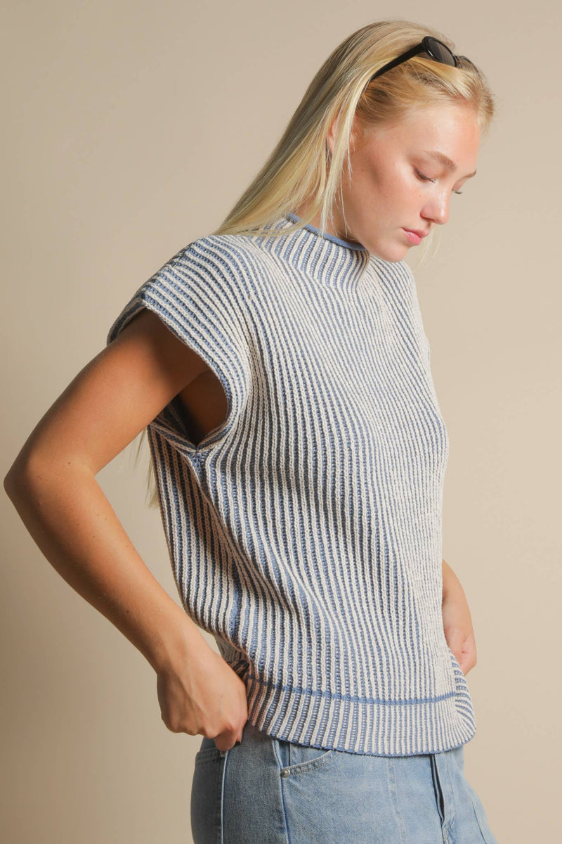 Two Tone Ribbed Knit Sweater Vest in DENIM BLUE