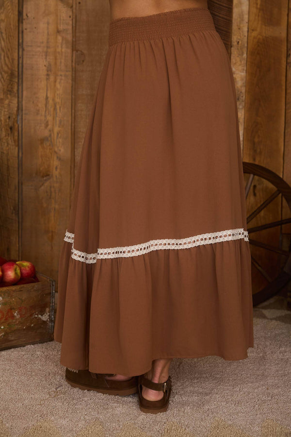 CONTRAST LACE TRIM SMOCKED WAIST MIDI SKIRT: LIGHT BROWN
