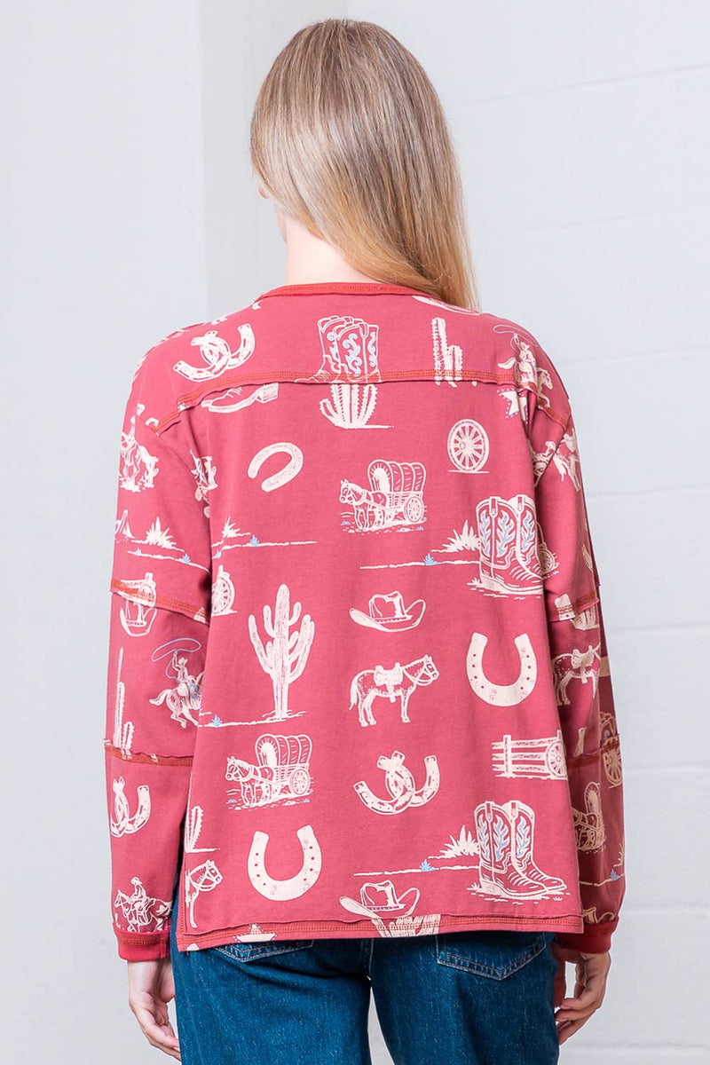 WESTERN PRINTED ROUND NECK LONG SLEEVE TOP