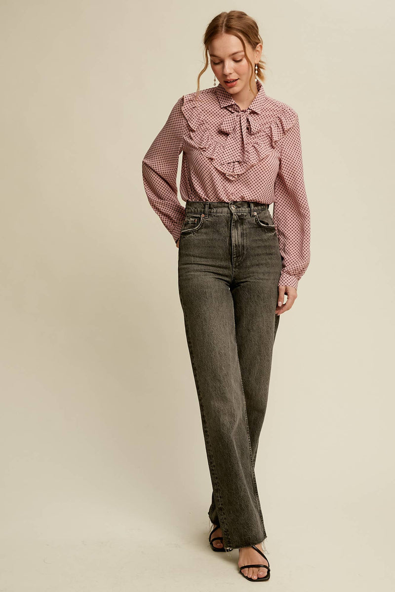Ruffle Tie-Neck Printed Blouse