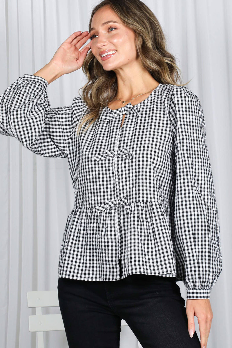 Feminine Bow Accent Charming Plaid Blouse VT83034B: Red / S