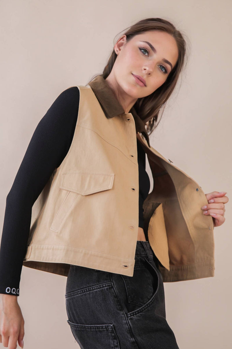 Washed Cotton Button Down Casual Vest: TAUPE