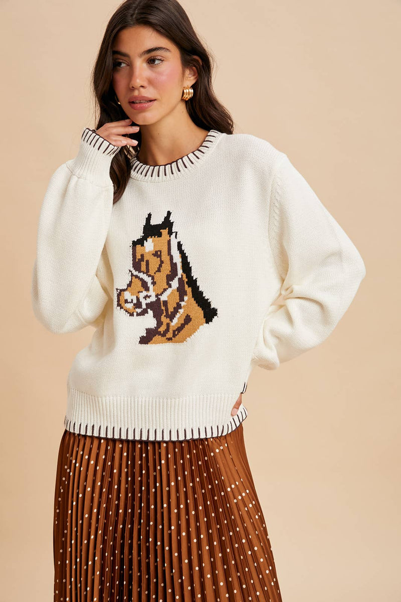 HORSE MOTIF KNITTED SWEATER: NAVY