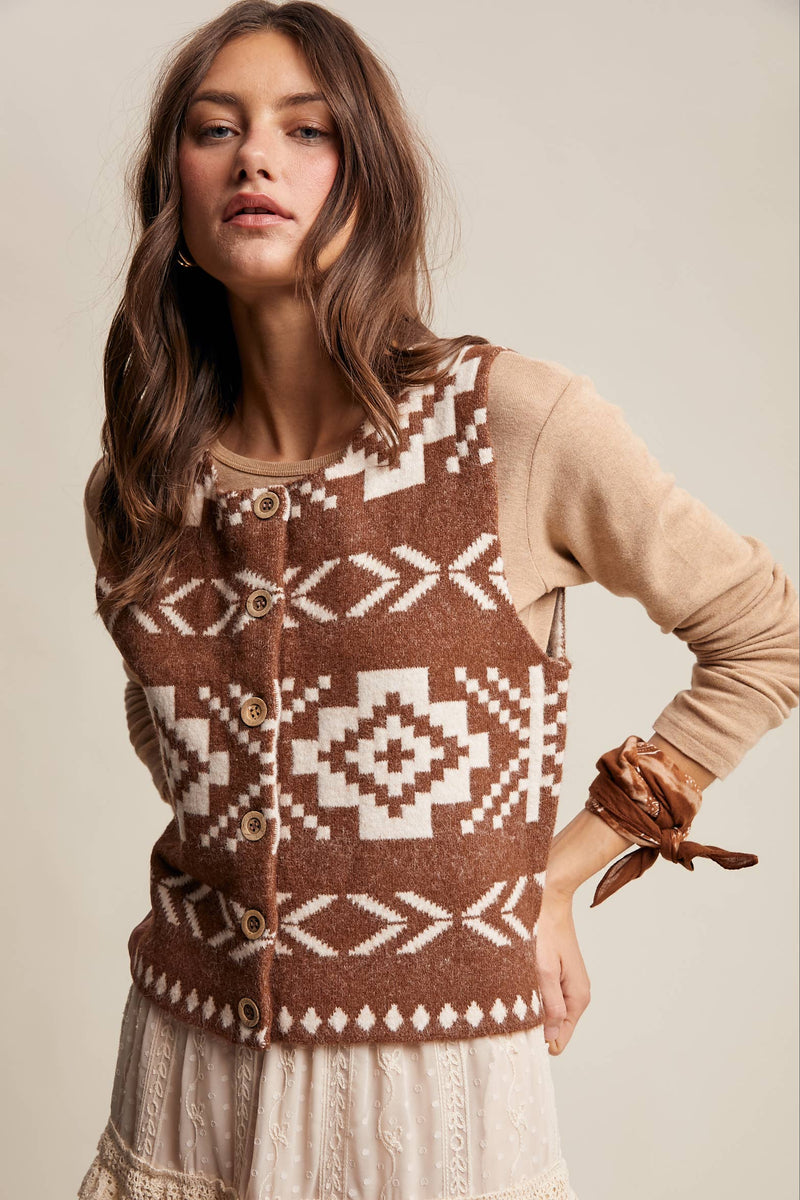 Brown Southwestern Button-Up Wool Vest