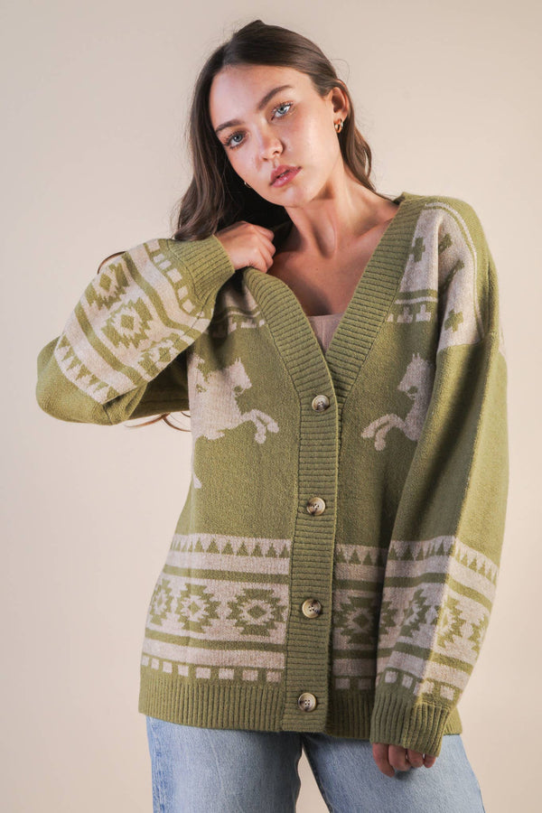 Oversized Western graphic Knit Sweater Cadigan