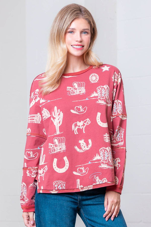 WESTERN PRINTED ROUND NECK LONG SLEEVE TOP