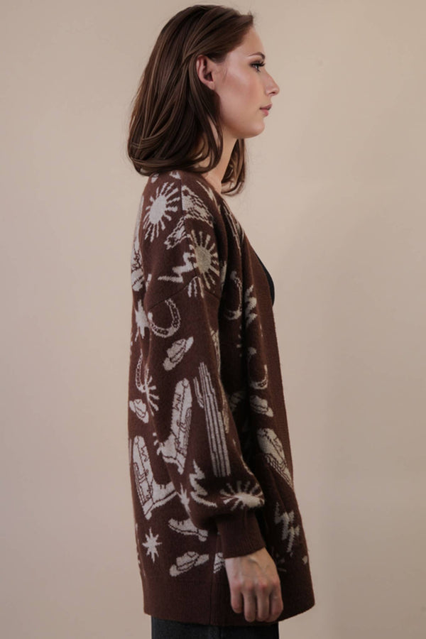 Oversized Western Graphic Knit Sweater Cardigan: CHOCOLATE