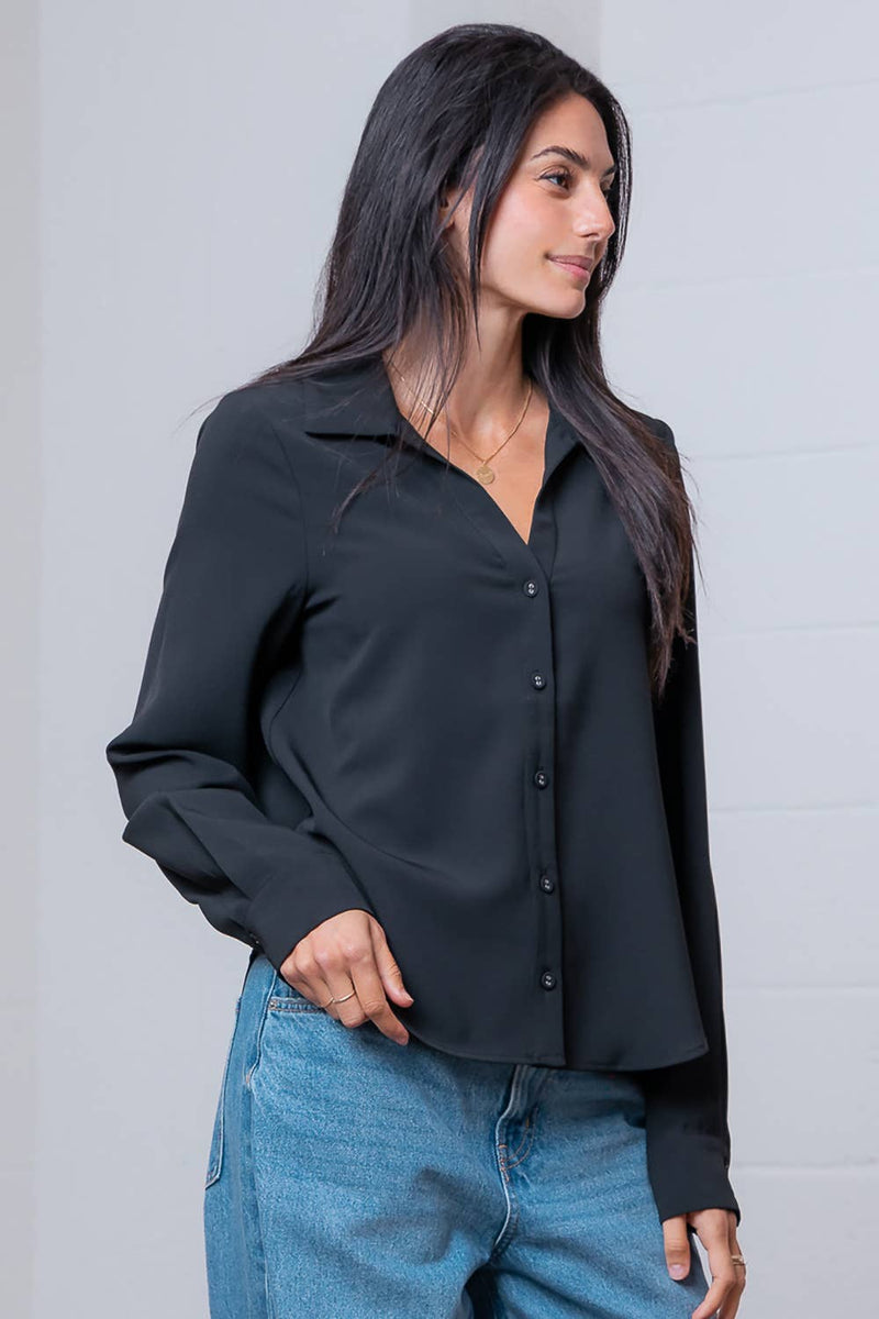 LONG SLEEVE BUTTON DOWN V-NECK SOLID SHIRT