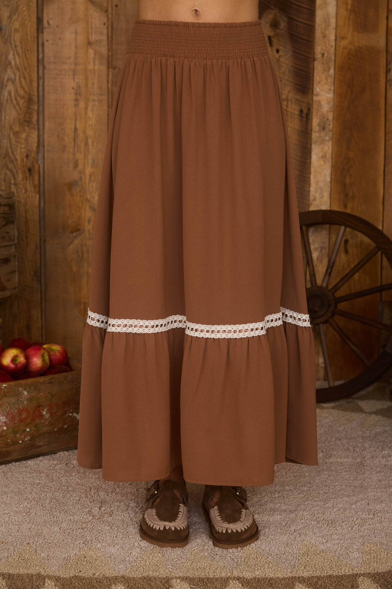 CONTRAST LACE TRIM SMOCKED WAIST MIDI SKIRT: LIGHT BROWN