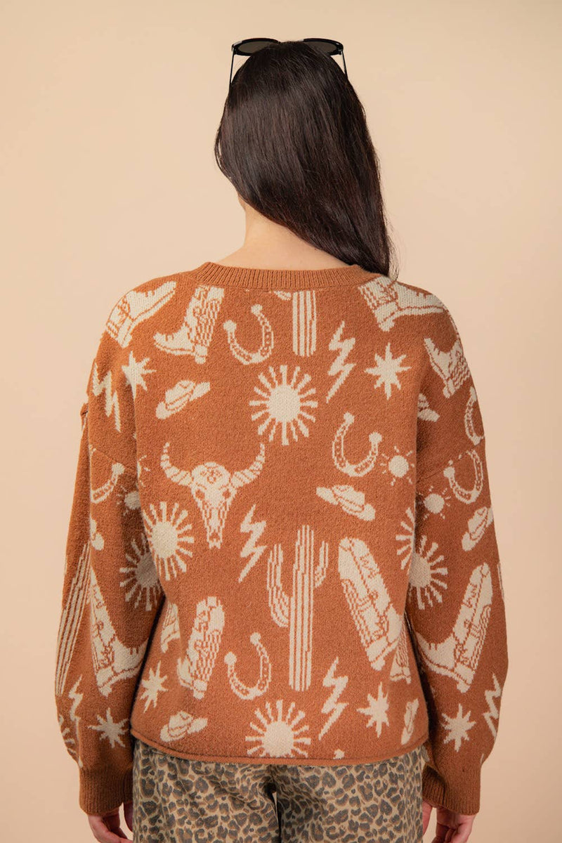 Western Graphic Oversized Knit Sweater Top: CAMEL