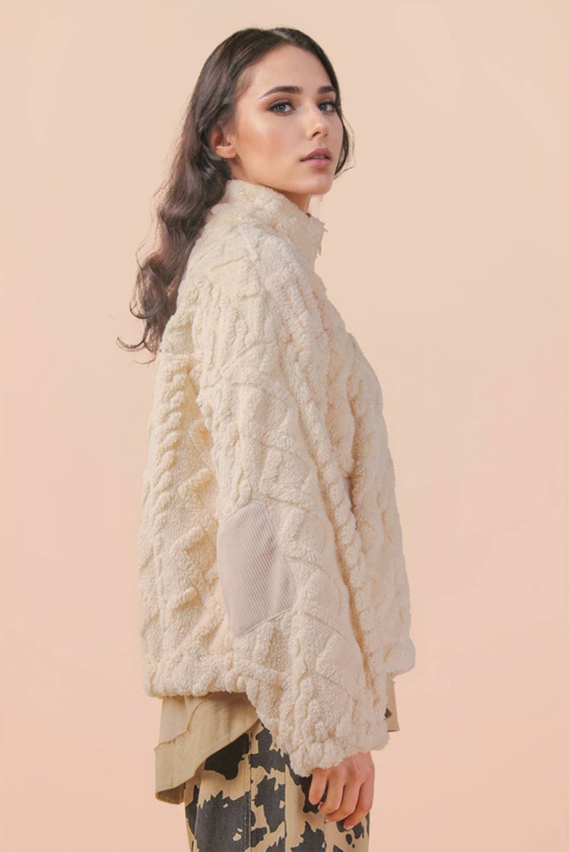  Fuzzy Fleece Cozy Cable Pattern Zip Up Jacket